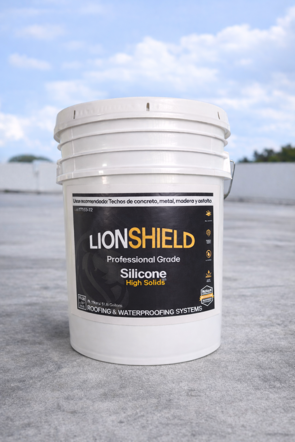 Lionshield silicone roofing product on a roof with a blue sky background